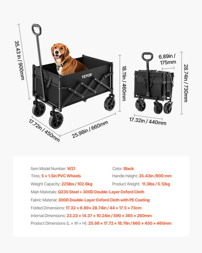 VEVOR Collapsible Wagon Carts, 120L & 225LBS Folding Wagons with All-Terrain Wheels, Heavy Duty Outdoor Utility Cart with Adjustable Handle, Portable Camping Cart for Beach Grocery Garden Black