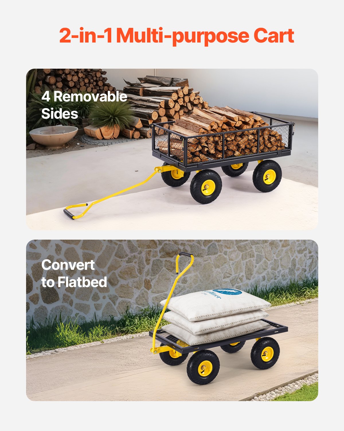 VEVOR 900 Lbs Heavy Duty Steel Garden Cart, Garden Wagon Cart on Wheels, Outdoor Metal Yard Utility Wagon Carts with 10" Tires and Mesh Removable Sides(Convert to Flatbed) and 180°Rotating Handle