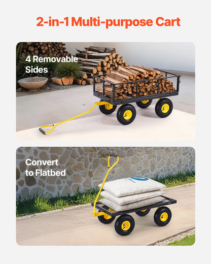 VEVOR 900 Lbs Heavy Duty Steel Garden Cart, Garden Wagon Cart on Wheels, Outdoor Metal Yard Utility Wagon Carts with 10" Tires and Mesh Removable Sides(Convert to Flatbed) and 180°Rotating Handle