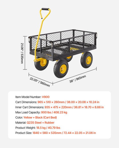 VEVOR 900 Lbs Heavy Duty Steel Garden Cart, Garden Wagon Cart on Wheels, Outdoor Metal Yard Utility Wagon Carts with 10" Tires and Mesh Removable Sides(Convert to Flatbed) and 180°Rotating Handle