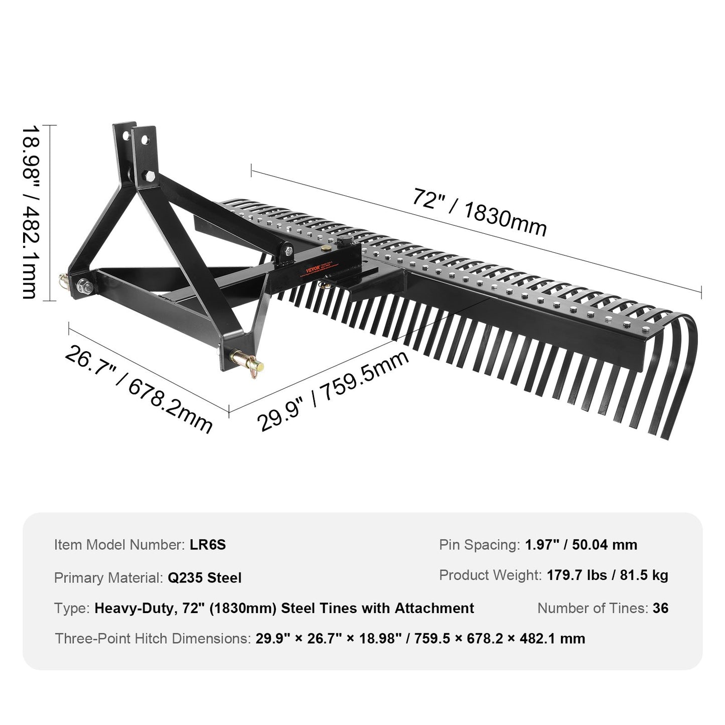 VEVOR Tow Behind Dethatcher, 1.8m Tow Dethatcher with 36 Steel Tines, 3-Point Lawn Dethatcher Rake with Attachments for Tractor, Landscape Rake for Garden, Farm, Grass