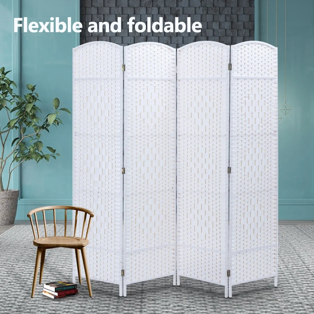 4 Panel Room Divider Decorative Folding Rattan Wicker Screen Room Privacy Separator White