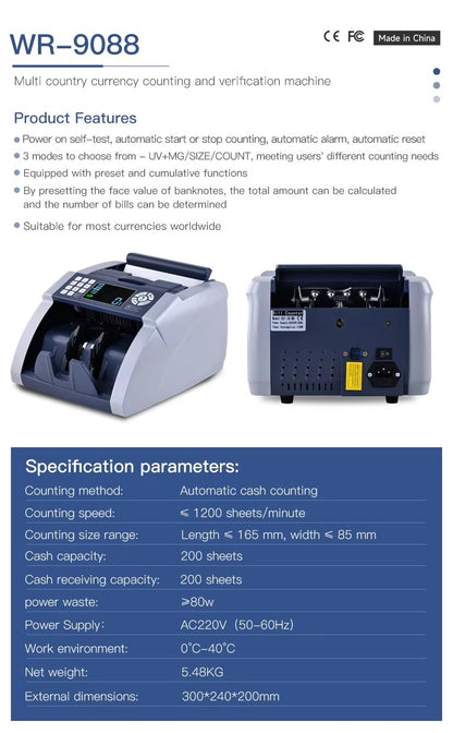Weirong 9088 UV/MG LCD Display Bill Counter Multi-Currencies Counting Machine Cash Detector AUD/EUR/USD/TRY Money Counter
